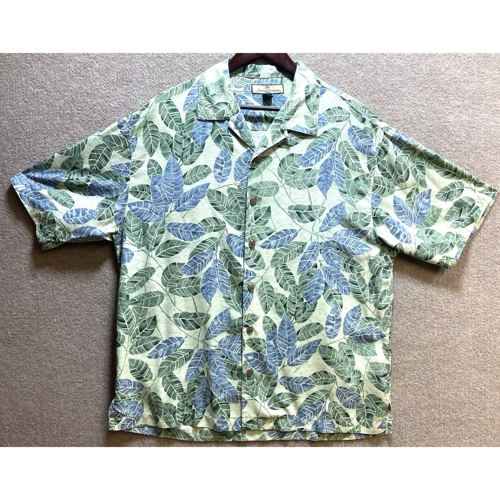 Tommy Bahama Shirt Mens Large Blue Green Floral Silk Button Up Short Sleeve Silk